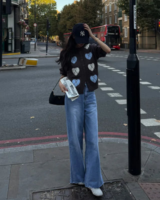 Heart Argyle Round Neck Cardigan