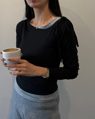 Boat neck layered long-sleeve T-shirt