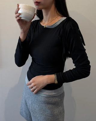 Boat neck layered long-sleeve T-shirt