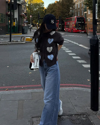Heart Argyle Round Neck Cardigan