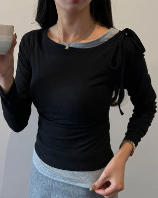 Boat neck layered long-sleeve T-shirt