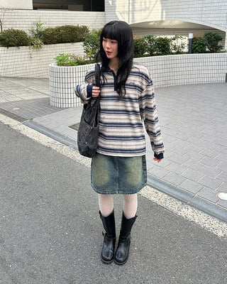 Washed denim midi skirt