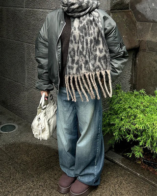 Leopard fringe knit scarf