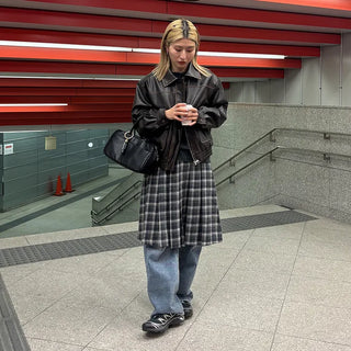 Wool check midi skirt