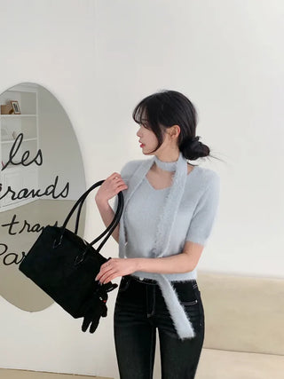 [2pcs] Angora Scarf Short-Sleeve Knit Set