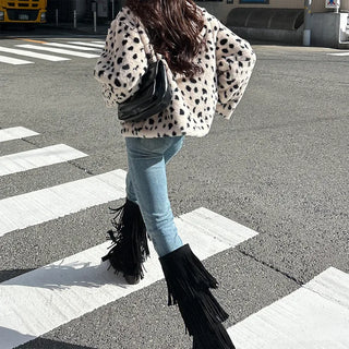 Leopard fur collar coat