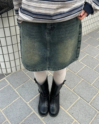 Washed denim midi skirt