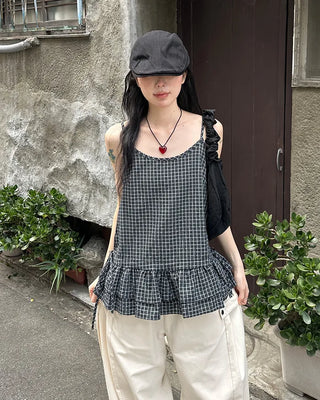 Checked Shirring Sleeveless Dress