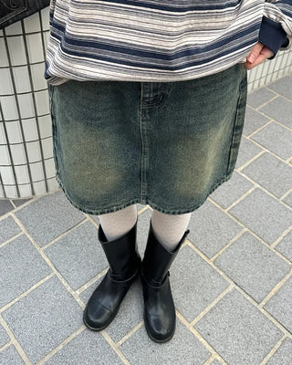 Washed denim midi skirt