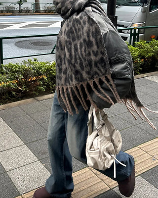 Leopard fringe knit scarf