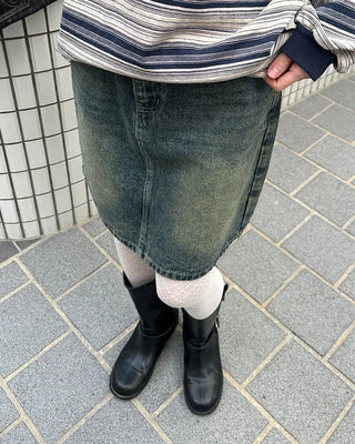 Washed denim midi skirt
