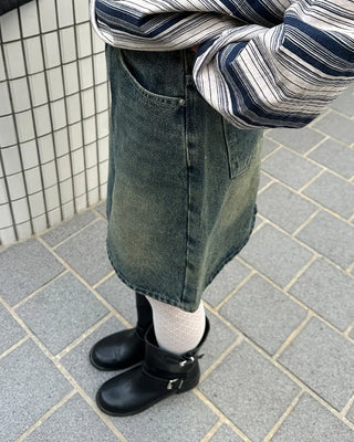 Washed denim midi skirt