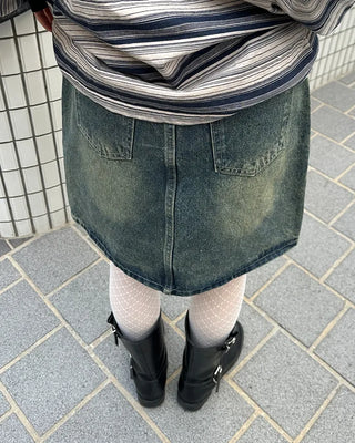 Washed denim midi skirt