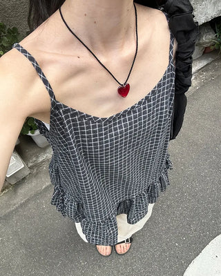 Checked Shirring Sleeveless Dress