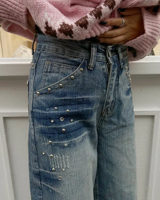 Mixed stud deep whisker wash denim pants