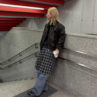 Wool check midi skirt