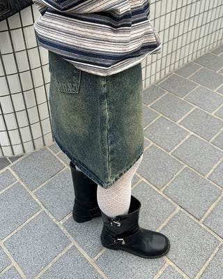 Washed denim midi skirt