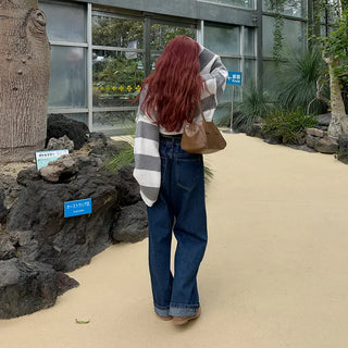 Wide-leg denim pants with elastic waistband