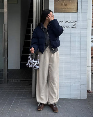 Fleece wide-leg pants with elastic waistband