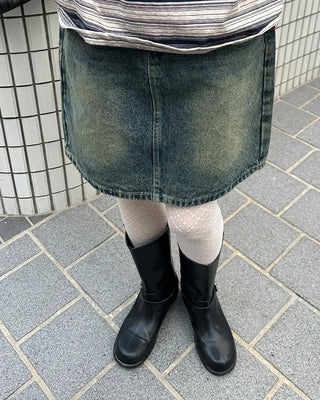 Washed denim midi skirt