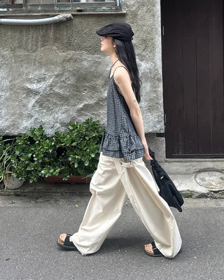 Checked Shirring Sleeveless Dress