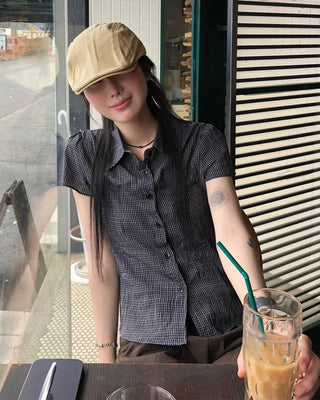 Checked Shirring Short-Sleeve Shirt
