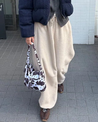 Fleece wide-leg pants with elastic waistband