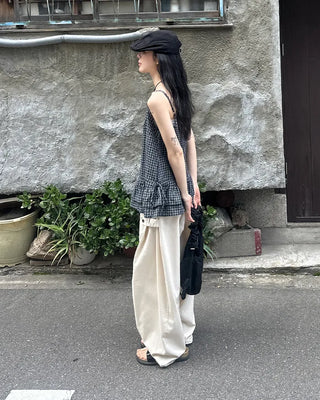 Checked Shirring Sleeveless Dress