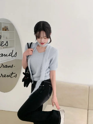 [2pcs] Angora Scarf Short-Sleeve Knit Set