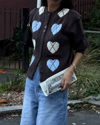 Heart Argyle Round Neck Cardigan
