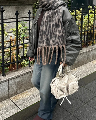Leopard fringe knit scarf
