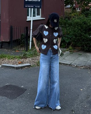 Heart Argyle Round Neck Cardigan