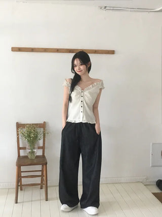 String Wide Summer Low Denim Pants
