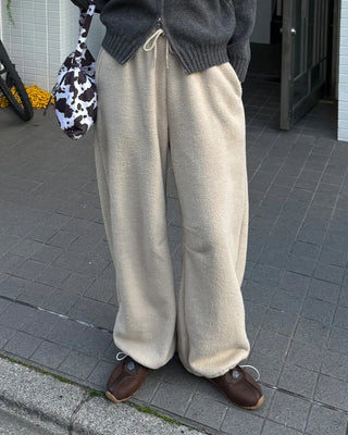 Fleece wide-leg pants with elastic waistband