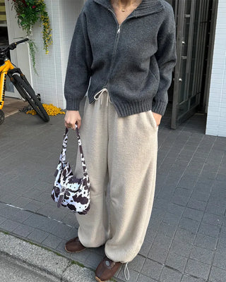 Fleece wide-leg pants with elastic waistband