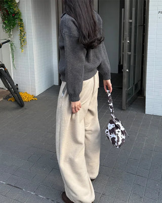 Fleece wide-leg pants with elastic waistband