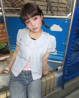 [6th Re-release] (ORIGINAL) Heart Button Lace Puff Blouse