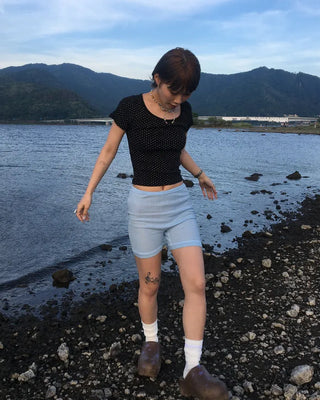 Pindot Long Neck Rib Half T-Shirt