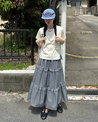 Checked tiered long skirt