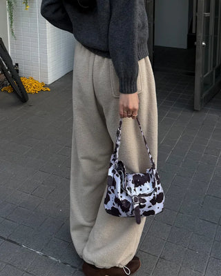 Fleece wide-leg pants with elastic waistband