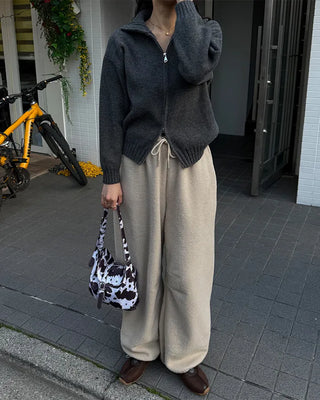 Fleece wide-leg pants with elastic waistband