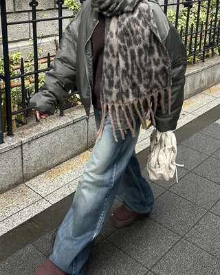 Leopard fringe knit scarf