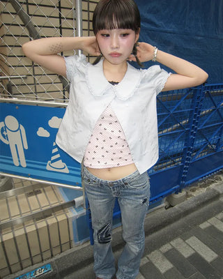 [6th Re-release] (ORIGINAL) Heart Button Lace Puff Blouse