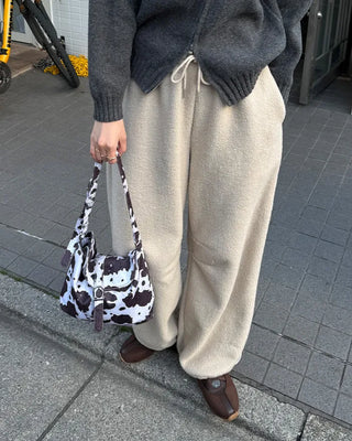 Fleece wide-leg pants with elastic waistband