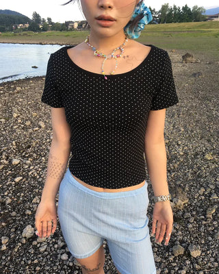 Pindot Long Neck Rib Half T-Shirt
