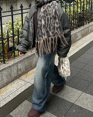 Leopard fringe knit scarf