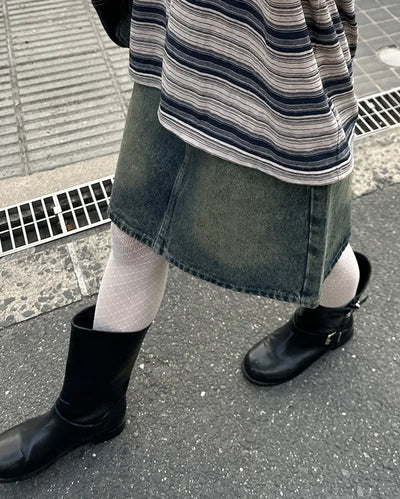 Washed denim midi skirt
