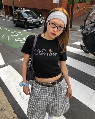 Cubic Lettering Semi-Cropped Half T-Shirt