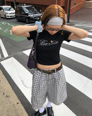 Cubic Lettering Semi-Cropped Half T-Shirt