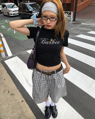 Cubic Lettering Semi-Cropped Half T-Shirt